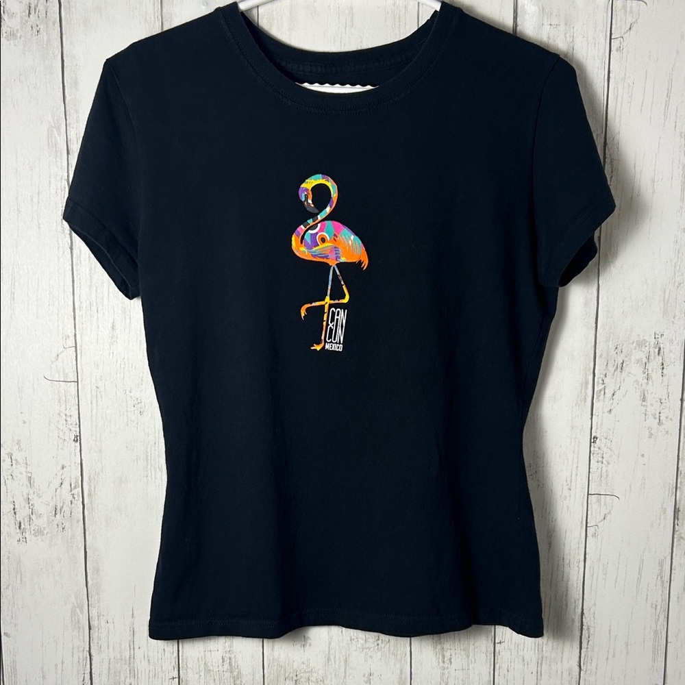 Tropical Relax Cancun Mexico Flamingo Graphic Tee Black 100% Cotton Size Large
